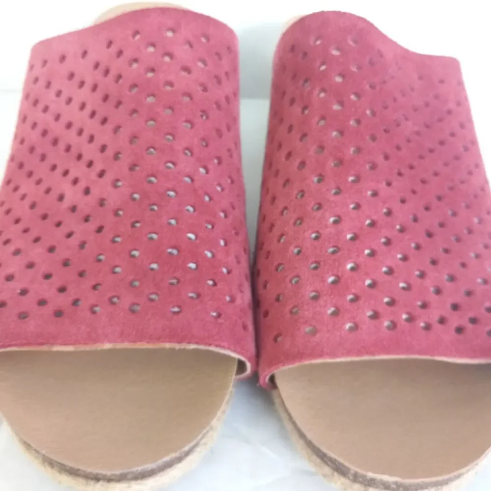 Lucky Brand Jemya Perforated Leather Wedges-Size 9.5M-Dusty Pink-Braided Jute